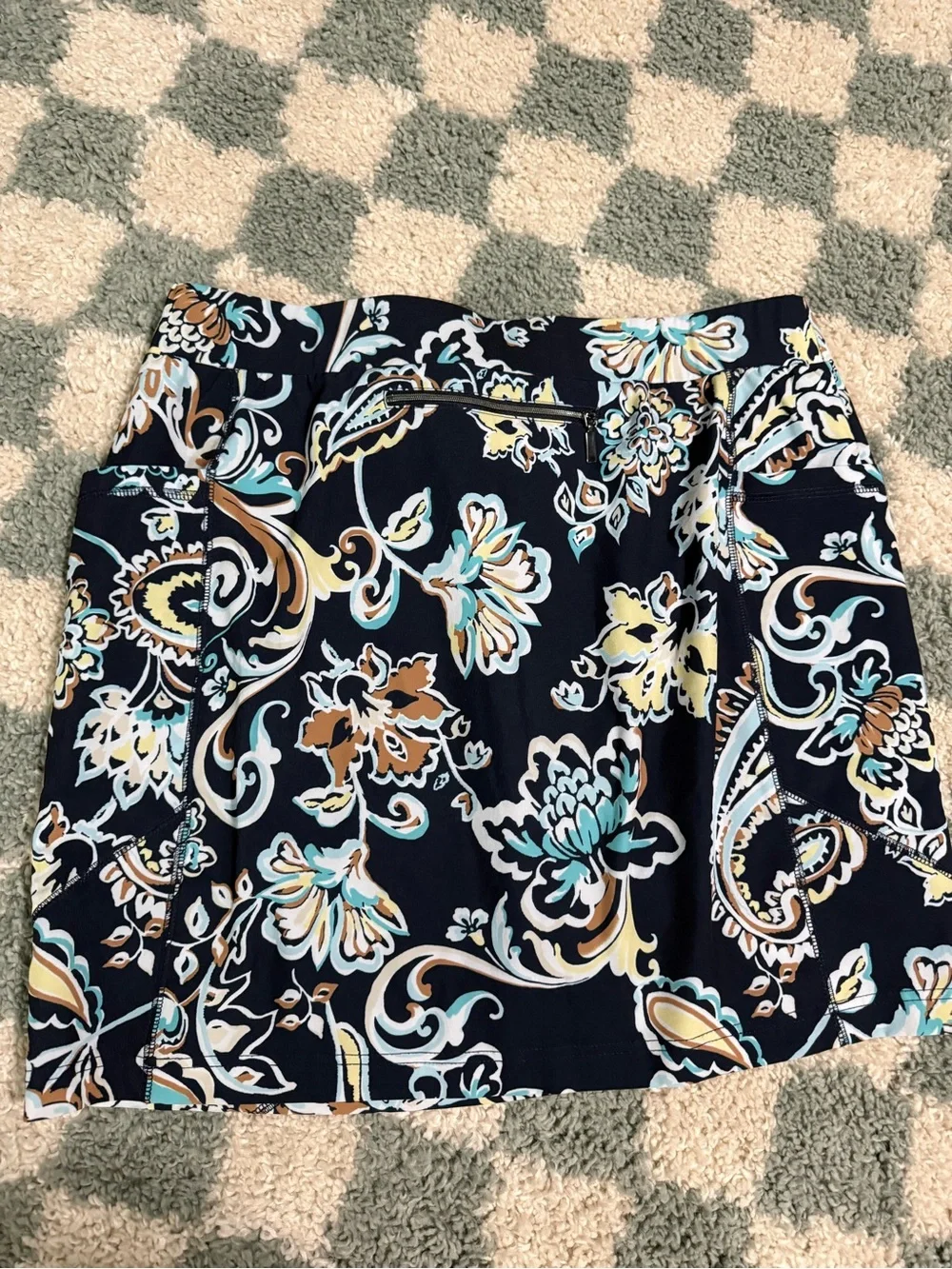 CHICOS navy blue floral pull on modest athletic skort mini skirt comfort summer